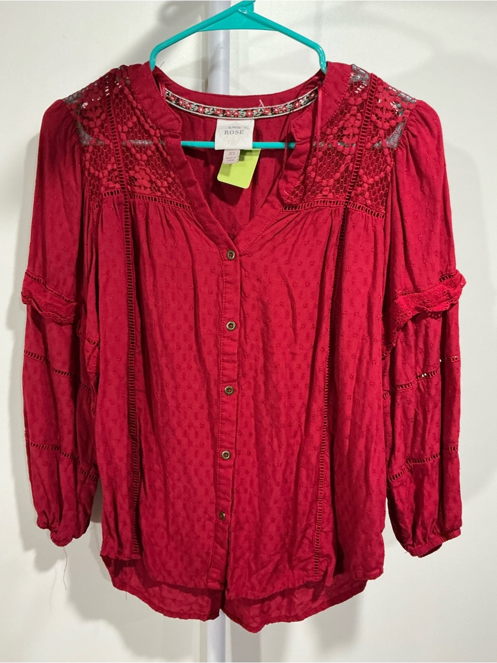 Knox Rose Red Button-Front Crochet Yoke Peasant Blouse